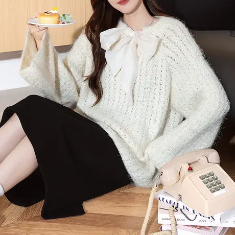 唐狮名媛风前胸系带蝴蝶结宽松套头毛衣慵懒高级感针织衫宽松tu商品大图
