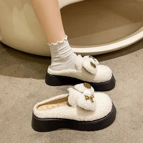 松糕厚底羊羔毛毛拖鞋女外穿2023新款秋冬季棉拖高级感包头半拖鞋商品大图