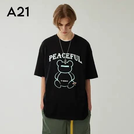 A21outlets男装纯棉宽松圆领落肩短袖T恤夏季潮牌印花男上衣黑色图片