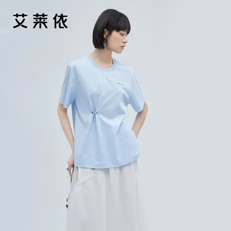 艾莱依2022新款夏女短袖T恤设计感小众印花别致收腰上衣圆领ins潮图片