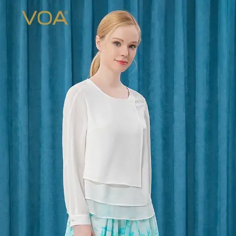VOA30姆米重磅桑蚕丝牛奶白圆领长袖三层不对称假两件真丝T恤商品大图