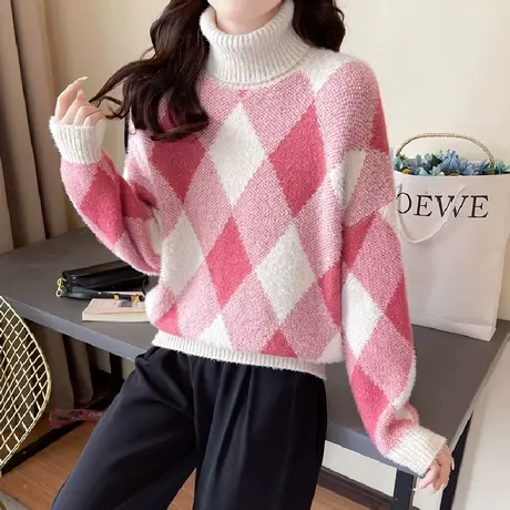 慵懒风菱格撞色高领打底针织衫女秋冬复古时尚宽松显瘦毛衣外穿厚商品大图