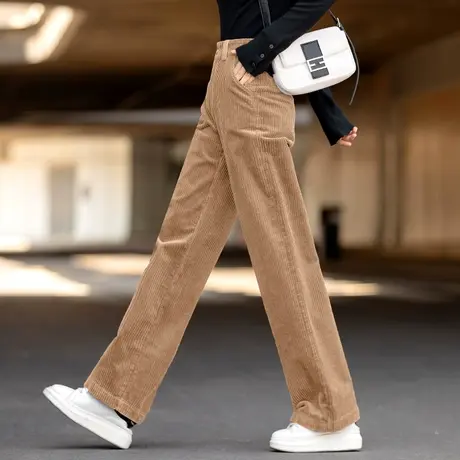 灯芯绒高腰阔腿裤女2023新款秋冬季加绒显高长裤直筒休闲条绒裤子商品大图