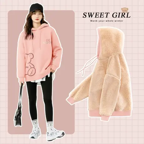 ZR真维斯卫衣2023新款女秋冬羊羔绒连帽卫衣加绒加厚漂亮上衣外套图片