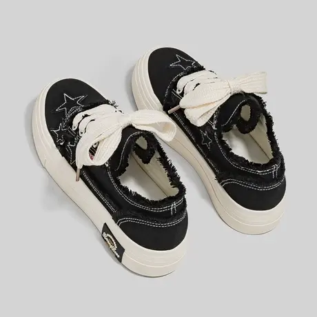 Betoo 2022秋透气黑色帆布鞋女百搭潮厚底ins星星小众设计板鞋女商品大图