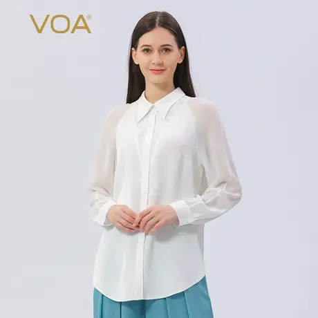 VOA40姆米真丝双面乔纯白POLO领长袖单排扣撞料拼接桑蚕丝衬衫图片