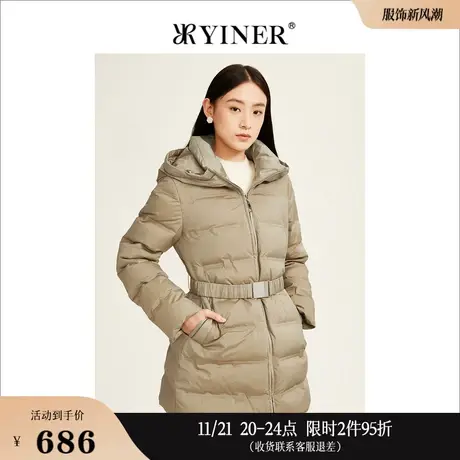 YINER音儿线上专选女装冬季中长款连帽设计感白鸭绒衍缝羽绒服商品大图