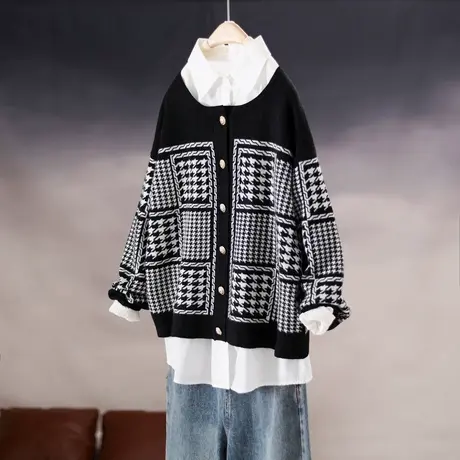 2023春季新款韩版宽松圆领长袖小香风针织衫毛衣开衫外套百搭上衣商品大图