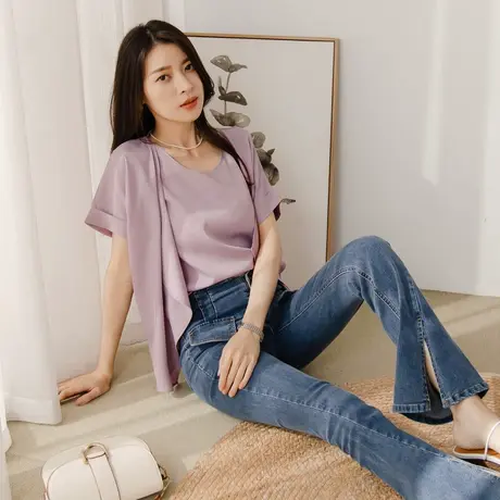 桔熊夏季通勤假两件套上衣女不易皱圆领短袖纯色小衫大码AB18415商品大图