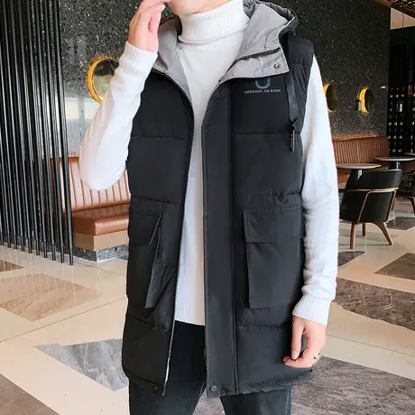 冬季羽绒棉马甲男中长款潮流宽松无袖棉衣外套大口袋工装坎肩男装商品大图