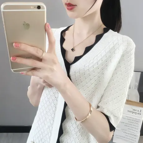 夏装2023新款女短袖设计感女小众V领套头打底衫女内搭针织上衣女商品大图