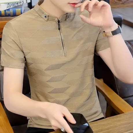 男士冰丝短袖T恤韩版潮流POLO衫体恤夏季帅气翻领半袖拉链上衣服商品大图