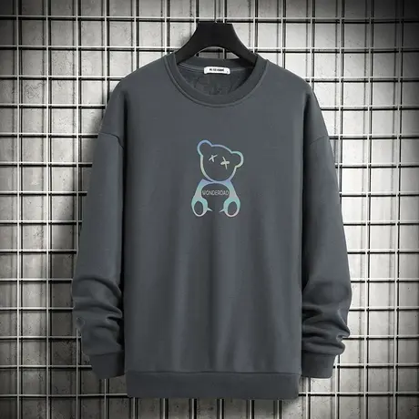 男士卫衣春秋款宽松潮流小熊印花灰色无帽套头上衣服加绒圆领长袖商品大图