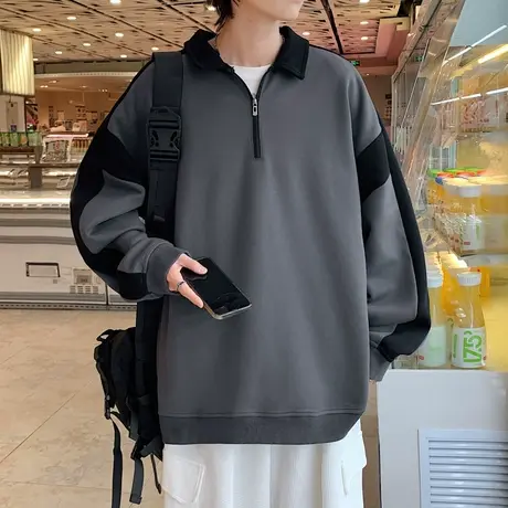 半拉链卫衣男秋季新款港风宽松拼接翻领Polo衫男士休闲长袖t恤潮商品大图