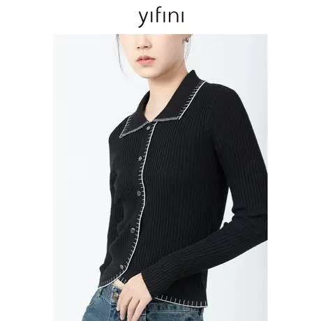 Yifini/易菲翻领刻度针织毛衫女春秋新款黑色长袖复古上衣商品大图