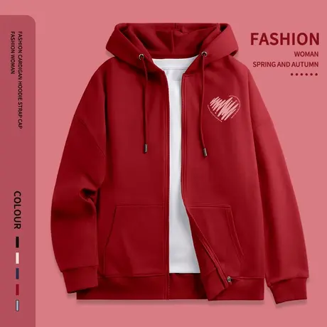 酒红色秋季外套女新款连帽开衫上衣2023年春秋宽松薄款爱心卫衣女商品大图