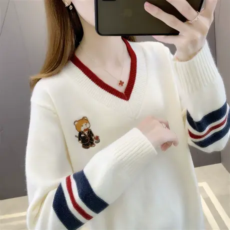 打底衫女内搭秋装2023新款宽松V领长袖洋气减龄显瘦针织外穿上衣图片