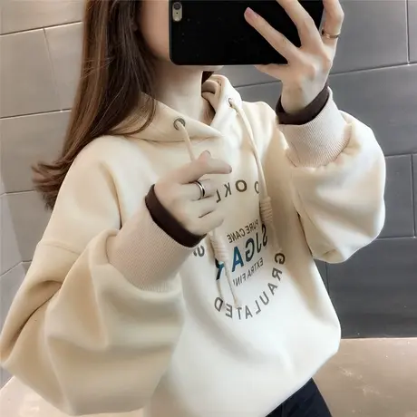 加绒加厚假两件字母卫衣女2023秋冬新款韩版宽松连帽洋气减龄上衣商品大图