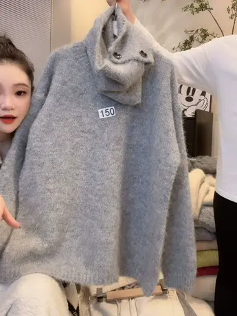 带围脖套头长袖毛衣女2023秋冬新款韩版纯色两件套针织百搭上衣洋图片