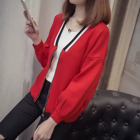 秋装新款针织衫女开衫V领长袖毛衣外套春秋韩版宽松时尚拼色外搭商品大图