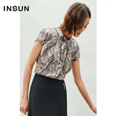 INSUN恩裳线上专选夏季印花真丝小立领打褶衬衫图片
