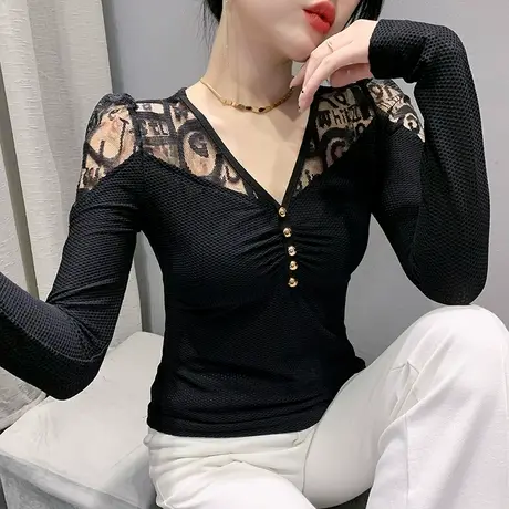 女装2024新款性感网纱拼接长袖T恤洋气百搭打底衫紧身V领上衣春秋商品大图