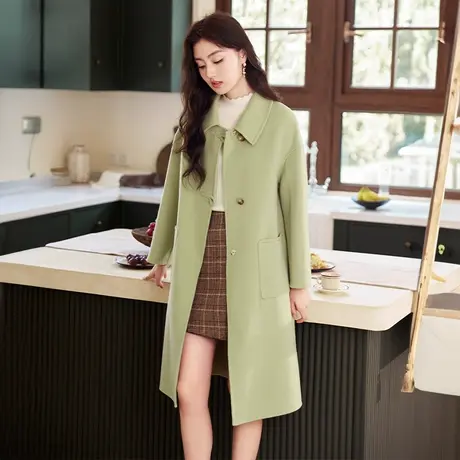 【直播间】香影双面呢大衣女2023秋冬装新款100%纯羊毛呢子翻领绿商品大图