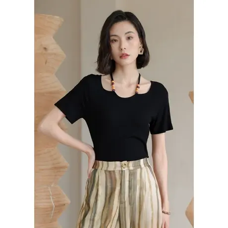 弥古黑色短袖t恤女夏季小众法式u领挂脖上衣高级感显瘦冰丝针织衫商品大图