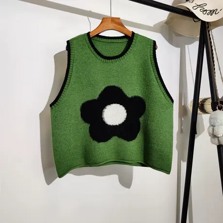 花朵针织马甲女秋冬新款宽松慵懒学院风叠穿无袖坎肩毛衣背心外套图片