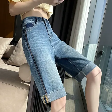 破洞毛边牛仔短裤女夏季薄款高腰显瘦卷边设计感宽松直筒五分中裤图片