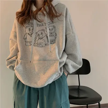 2024盐系秋冬加绒韩版宽松bf慵懒风卫衣chic港风百搭长袖连帽上衣图片