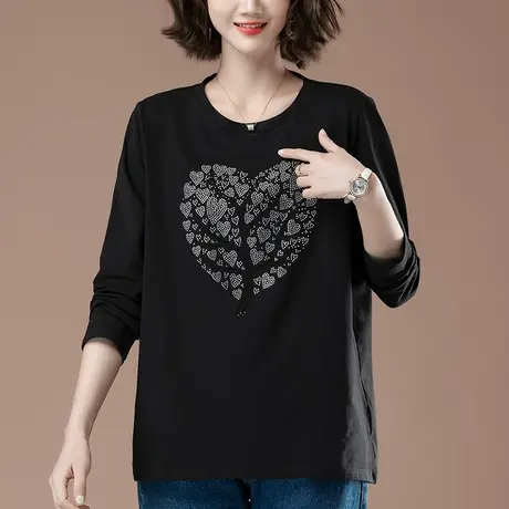 长袖t恤女新款加肥加大码女装宽松中年妈妈遮肚休闲显瘦打底衫商品大图