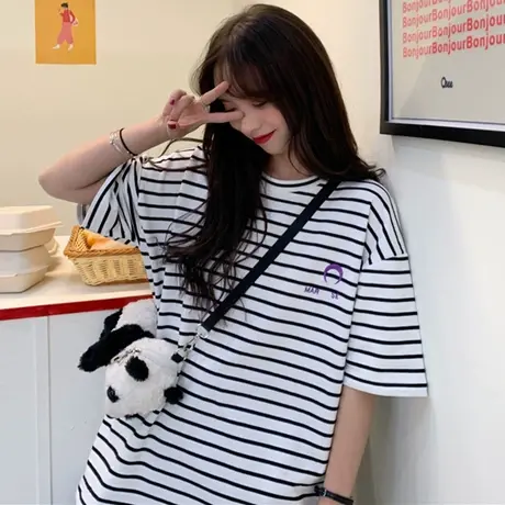 条纹短袖t恤女宽松韩版原宿bf慵懒风ins超火百搭蹦迪半袖上衣服潮图片