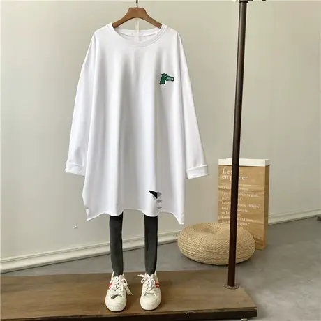 长袖t恤女春秋2021新款韩版ins潮白色打底衫中长款大码宽松上衣服商品大图
