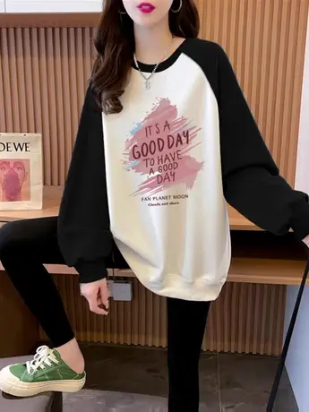 黑白撞色插肩袖卫衣女大码女装设计感2023新款宽松春秋季薄款外套商品大图