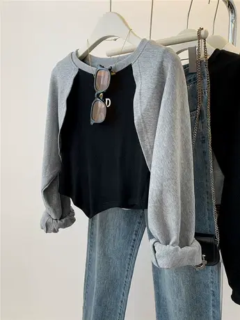 现货~不规则假两件短款插肩袖卫衣女春秋2023新款套头长袖t恤上衣商品大图