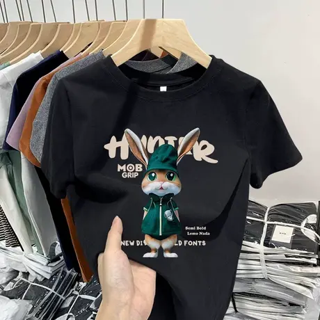 港味chic显瘦t恤女夏纯棉修身短款ins潮短袖别致印花正肩甜辣上衣商品大图