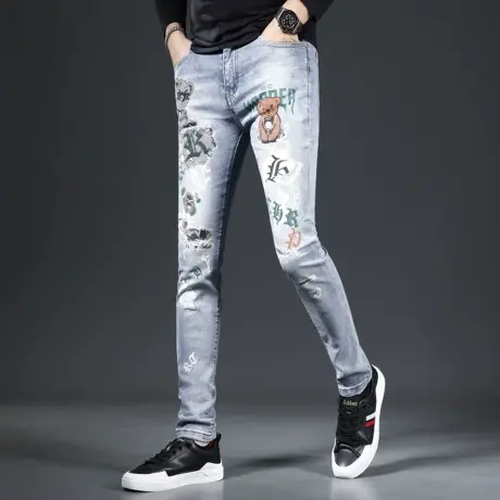 牛仔裤男2023新款秋季浅蓝色修身小脚男士弹力潮流印花时尚裤子男商品大图