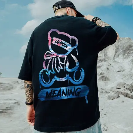 嘻哈国潮衣服短袖男潮牌潮流加肥加大t恤宽松五分袖情侣半袖男潮图片