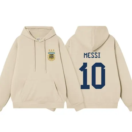梅西三冠王10号文字国潮卫衣男连帽秋冬款厚款宽松上衣复古帽衫图片