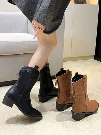 尖头西部牛仔靴子女2023新款秋冬短靴复古中筒粗跟大码加绒骑士靴商品大图