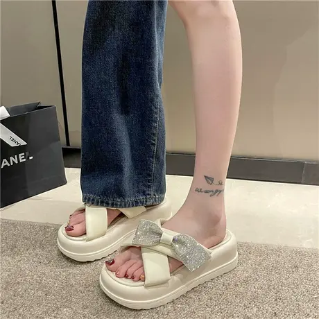 厚底银色拖鞋女夏外穿水钻蝴蝶结松糕增高凉鞋高级感沙滩高跟凉拖商品大图