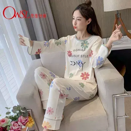 新款睡衣女春秋季清新套头棉长袖套装外穿家居服商品大图