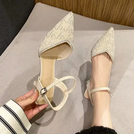 高跟鞋女细跟2024年夏季新款包头浅口凉鞋性感气质一字带水钻单鞋图片