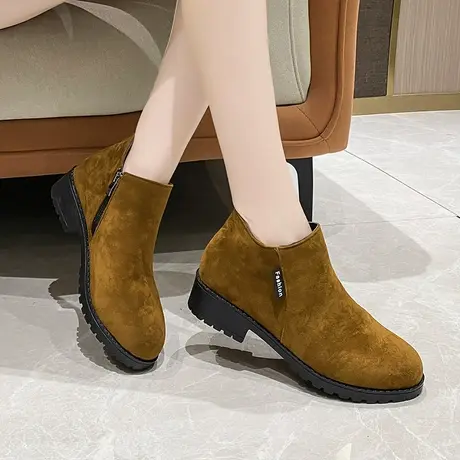 靴子女2023新款法式踝靴女秋冬季加绒时装靴简约通勤小短靴中粗跟图片