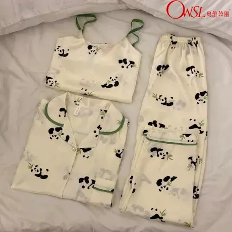 吊带睡衣女春秋季长袖冰丝熊猫长袖可外穿家居服三件套装商品大图