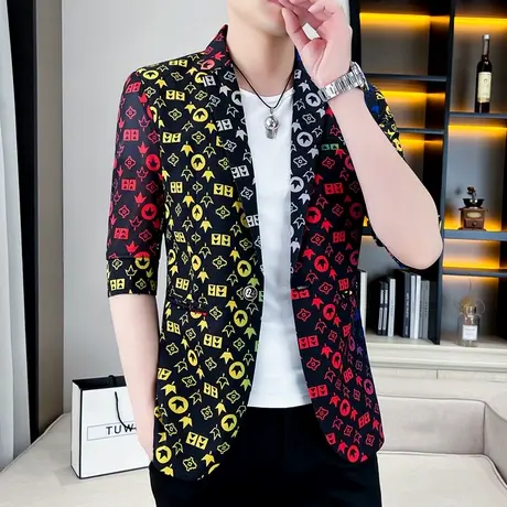 网红个性撞色小西装男士潮牌痞帅中袖夏季发型师七分中袖西服外套图片