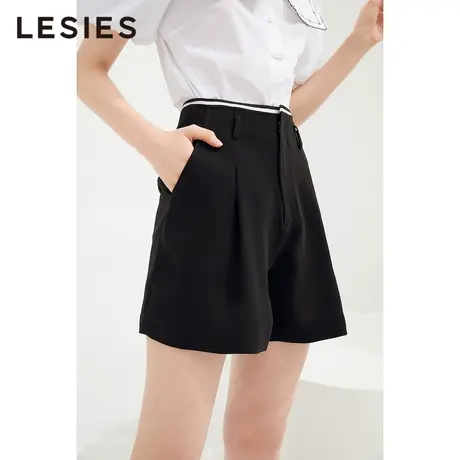 LESIES蓝色倾情夏装新款女装黑色织带饰都市感简约直筒短裤休闲裤商品大图