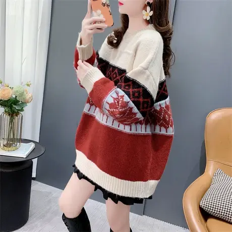 复古提花菱形软糯圆领毛衣女2023年新款秋冬宽松加厚百搭外穿上衣商品大图