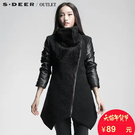 sdeer圣迪奥女装毛绒斜襟皮质拼接大衣S13481703图片